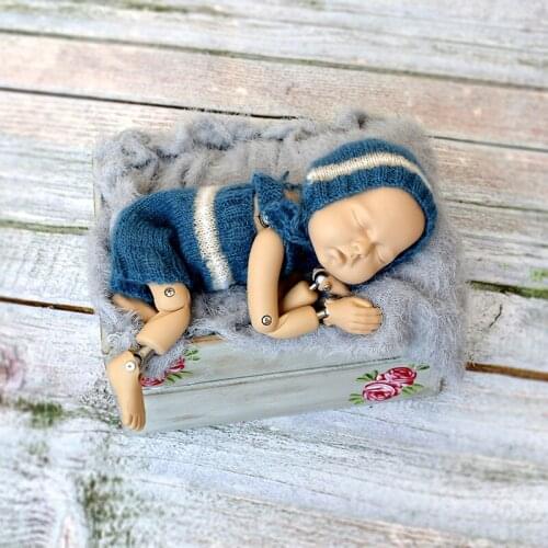 Blue Baby Romper and Hat Knit Crochet Baby Photo prop Outfit Knit Newborn Baby Pants Set Cute Newborn Bonnet Photography Props
