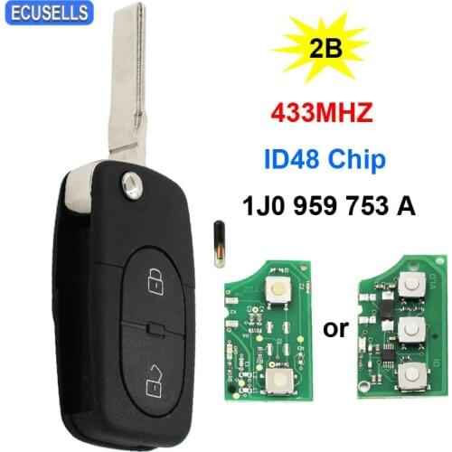Folding Flip 2 Button Remote Car Key 433Mhz ID48 Chip 1J0 959 753 A For VW For Volkswagen Passat Golf MK4 1998-2000 Uncut Blade
