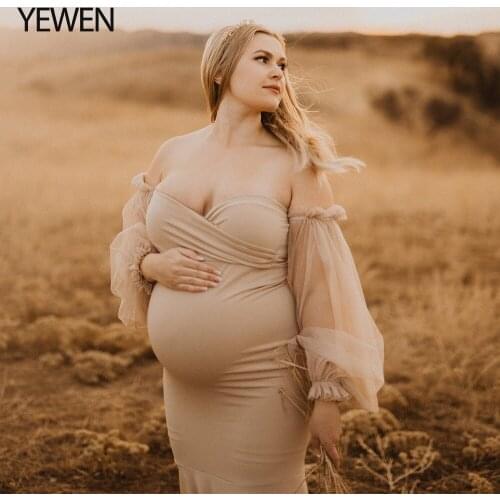 Tulle Full Sleeves Stretchy Fabric Mermaid Maternity Dress for Photo Shoot Maternity Gown Bridesmaid Dress Gown YeWen
