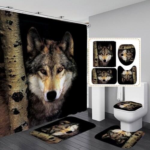 Waterproof Polyester Shower Curtain and Carpet Mat Toilet Lid Cover Hooks Set Bathroom Decor Wild Wolf 3D Digital Custom Design