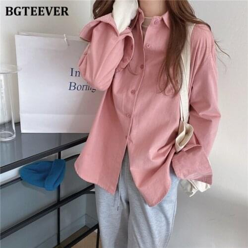 BGTEEVER Casual Chic Lapel Full Sleeve Women Solid Blouses 2021 Summer Loose Single-breasted Female Shirts Tops Ladies Blusas