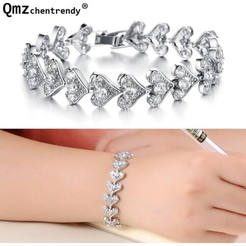 Top Grade Women Bling Heart to Heart Full Chain Link Zircon Stone LOVE Gem Bracelets Luxury Shining Wedding Jewelry For Girl