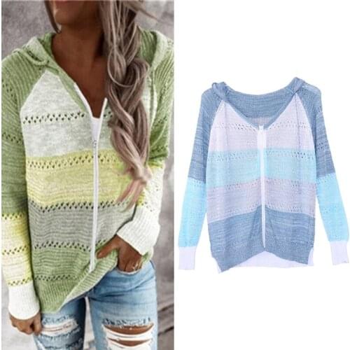 Women Hollow Out Knit Hoodie Sweater Long Sleeve Color Block Striped Zip Jacket
