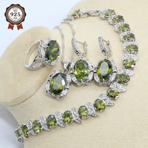 Olive Green Zircon Silver Color Jewelry Set for Women with Bracelet Earrings Necklace Pendant Ring Birthday Gift