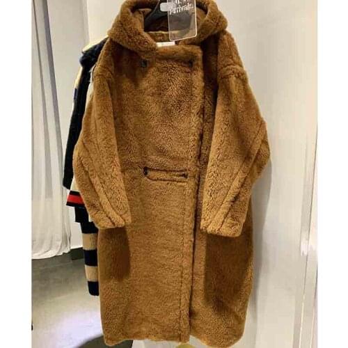 2021 Winter Hooded Long Coat Teddy Bear Parka Tobacco Double Breasted Alpaca Wool Fur Women Outwear Fashion