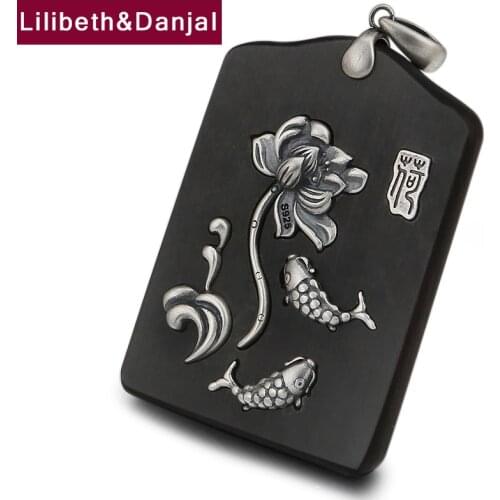2019 Vintage Lotus Carp Sandalwood Square card Pendant 100% 925 Sterling silver Jewelry Men Women Necklace Pendant Jewelry P31