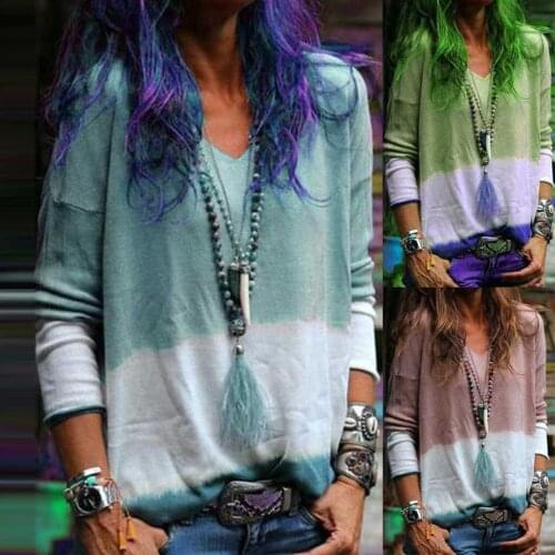 2020 Tshirt Women V-Neck Cotton Long Sleeve Women T Shirt Fashion Tie Dyeing T-shirt Haut Harajuku Camiseta Mujer Top Camisas