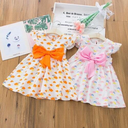 2021 New Children Clothing Cute Girls Dress Summer Baby Clothes Bow Colorful Clouds Flying Sleeve Girls Dress Kids Clothes 0-4Y