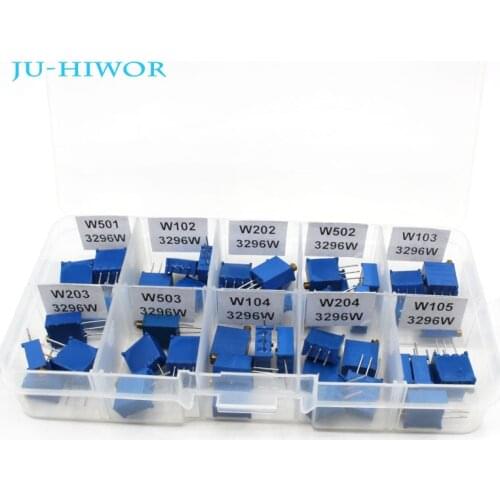 50pcs 3296W Variable Resistor With Multiturn Trimming Potentiometers Kit Sets Potentiometer Pack High Precision 10 Values