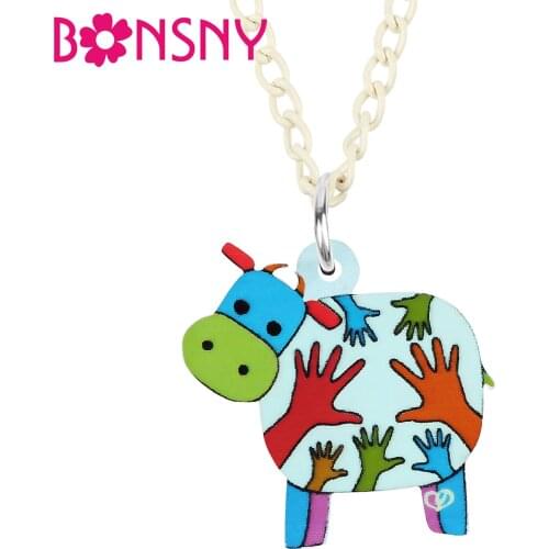 BONSNY Acrylic Cartoon Cute Floral Cow Cattle Necklace Pendant Novelty Long Chain Jewelry For Women Girls Unique Charms Gifts