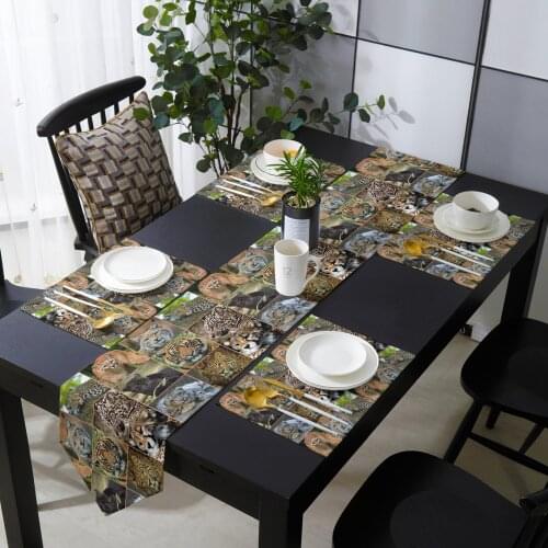 Animal Tiger Leopard Lion Table Runner Set Cotton Linen Table Runners Tablecloth Dining Table Mat Home Wedding Table Decoration