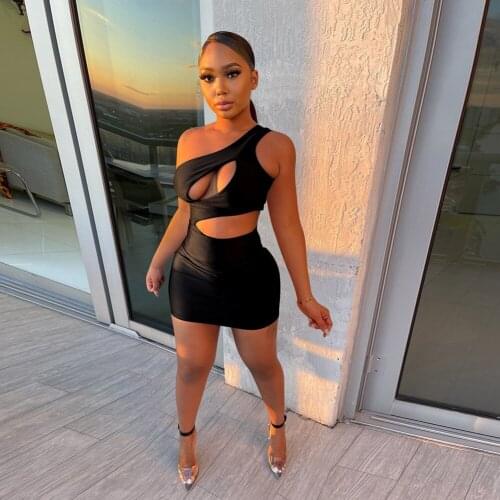 Echoine Black Cut Out Irregular Mini Dress Woman One Shoulder Party Clubwear Outfits 2021 Summer New Sundress Vestidos Plus Size