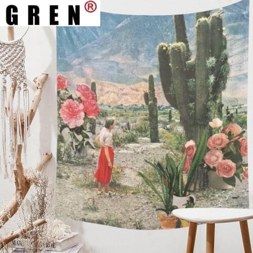 GREN Tapestry Tropical Plants Cactus Girls Boho Wall Hanging Rug Background Cloth Beach Mat Blanket Art Bedroom Dorm Home Decor
