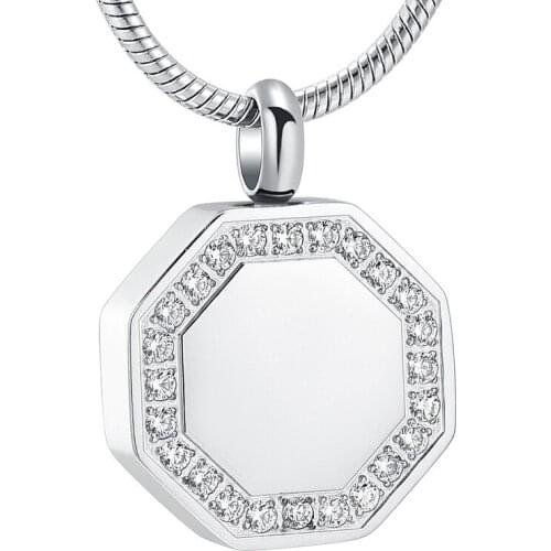 IJD10323 Crystal Heptagon Pendant Stainless Steel Cremation for Ashes Urn Funeral Casket Memorial Necklace