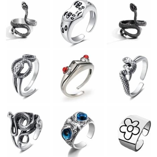 Vienkim Ring For Women Girls Snake Smile Fashion Men Jewelry Vintage Ancient Silver Color Punk Hip Hop Adjustable Boho Frog