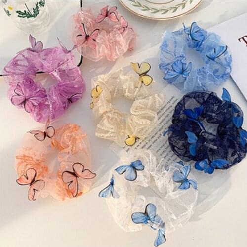 Korean Women Butterfly Elastic Kawaii Lace Shiny Hair Bands Tie Girls Mesh Scrunchie Transparent Tulle Headwear Hair Accessories