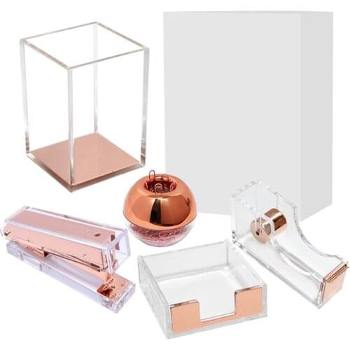 PPYY-Creative Stationery Set Rose Gold Pen Holder Stapler Tape Holder Note Holder Paper Clip Round Box Office