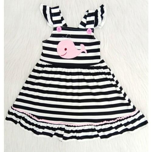 Fashion cartoon dress baby girls cute whale printed frocks black and white striped design children twirl dresses
