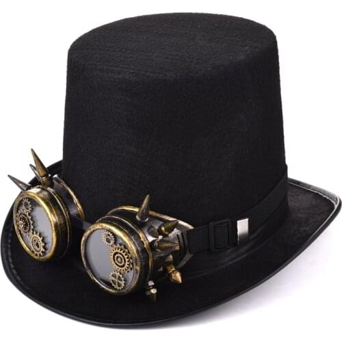 Steampunk Men Women Steampunk Top Hat Gears Spike Goggles Cosplay Costume Gothic Hat Black