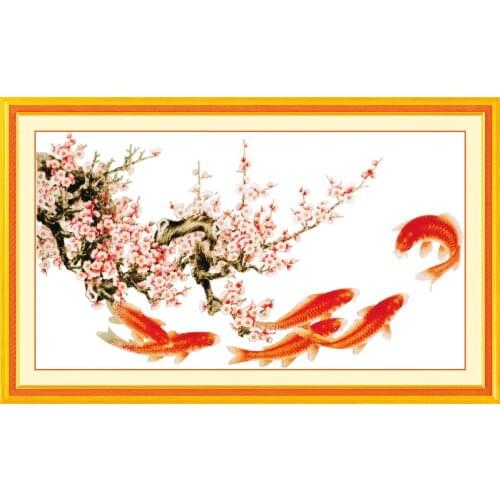 Swimming fishes blossom plums cross stitch kit Chinese style Aida count 18ct 14ct 11ct print embroidery DIY handmade needlework