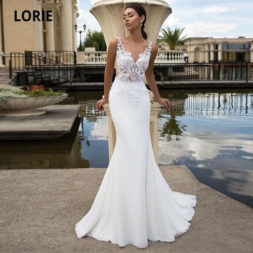 LORIE 2020 New Chiffon Mermaid Wedding Dresses Beach Sleeveless Back illusion Lace Bridal Gown Princess Wedding Party Gowns
