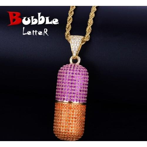 Colorful Pill Bottle Shape Pendant Necklace Gold Color AAA Cubic Zircon Mens Hip Hop Jewelry