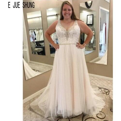 E JUE SHUNG Luxury Tulle Wedding Dresses V Neck Backless Beaded Plus Size Bridal Gowns A Line Bride Dresses vestido de noiva