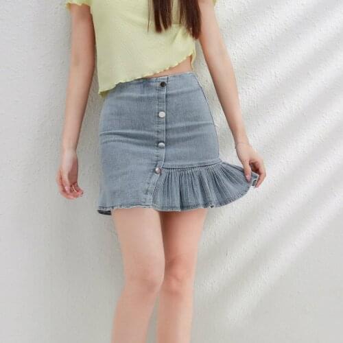 Women Jeans Skirts High Waist Pleated Skirts Zipper Mini Skirts Summer Button Streetwear Stretch Blue Black Denim Skirt