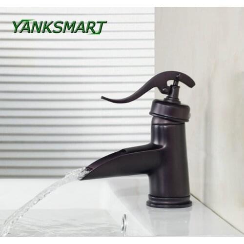 YANKSMART Black Oil Rubbed Bronze Brass Waterfall Spout Faucet Deck Mounted Bathroom Single Lever Basin Sink Mixer Taps