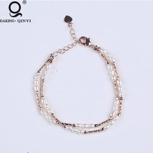 Wedding Rice Shape Natural Fresh Water Pearl 2 Row Bracelets For Girls Jewelry