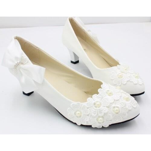 Custom handmade white lace ivory pearls bridal shoes plus size satin bow bowknot bridesmaid brides wedding party shoes