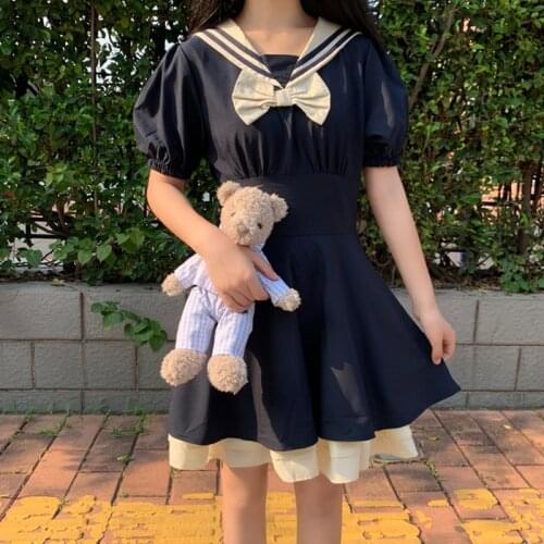 Japanese College Short Sleeve Dress Girls Sailor Medium-length Dress Summer New JK Uniforms Dress school uniform