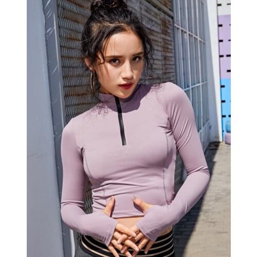 Half Zipper Comprehensive Training Sweatshirt Long Sleeves Thumb Hole Women Sexy Sports Running T-shirts Tops High Elastic Slim