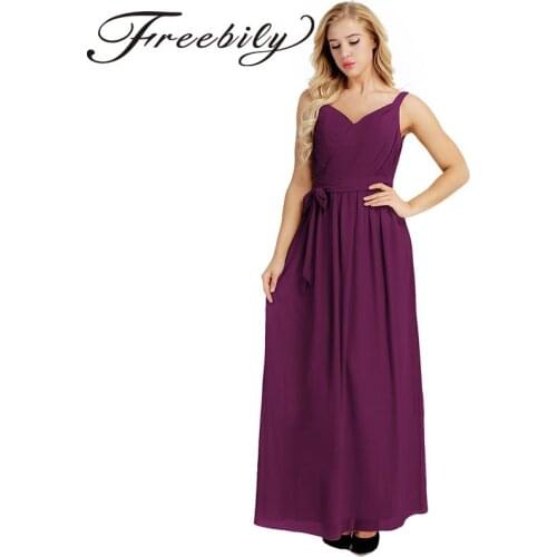 Classic Women Ladies Sleeveless Pleated V Neck Chiffon Elegant Formal Long Princess Dress Summer Evening Prom Gown with Sash