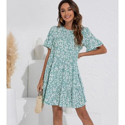 Summer Casual Floral Print Mini Dress Womens Clothing Boho O-neck Short Sleeve Loose Dresses For Women 2021 Blue Robe Femme