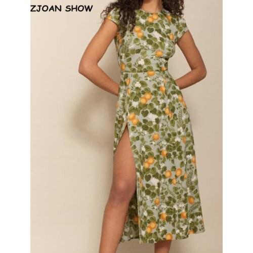 2021 Summer Retro Short Sleeve Leaves Floral Print Backless Dress for Woman Hollow Out Back Hem Slit Midi Dresses Holiday