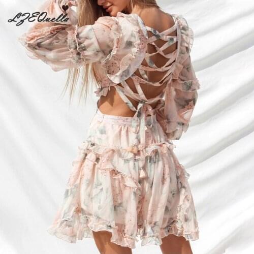 LZEQuella Long Sleeve Ruffles Backless Lace up Floral Print Boho Dress Sexy Deep V neck Summer Beach Dresses Vestidos NZ3381