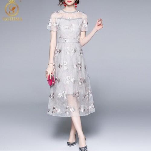 SMTHMA Mesh Embroidery Summer Dress For Women Short Sleeve High Waist Mid-Length Dresses Female Fashion New Clothes