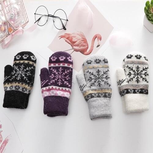 Winter Gloves For Women Snow Pattern Windproof Mitten Christmas Glove Winter Thick Warm Knitted Mittens Fingerless Gloves Women