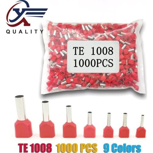1000pcs/Pack TE 1008 Insulated Ferrules Terminal Block Double Cord Terminal Copper Insulated Crimp terminal Wires 2x1.0mm2