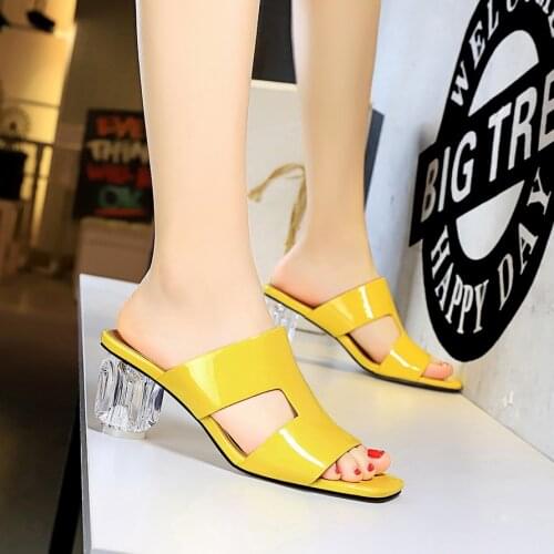 2020 Summer Women Block Fetish 6.5cm High Heels Yellow Mules Transparent Thick Sandals Female Pumps Clear Low Heels Green Shoes