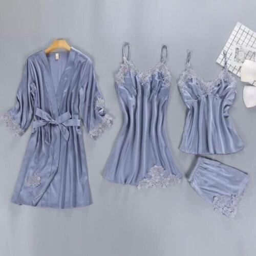2020 lamaxpa pajamas for women 4 piece sexy pajamas suit satin pyjamas silk pajamas sleep lounge with chest sleepwear home suit