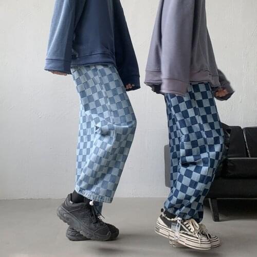 2021 Mens Baggy Plaid Printing Wash Jeans Streetwear Loose Wide Leg Pants Cargo Casual Pants Denim Trousers Plus Size S-5XL