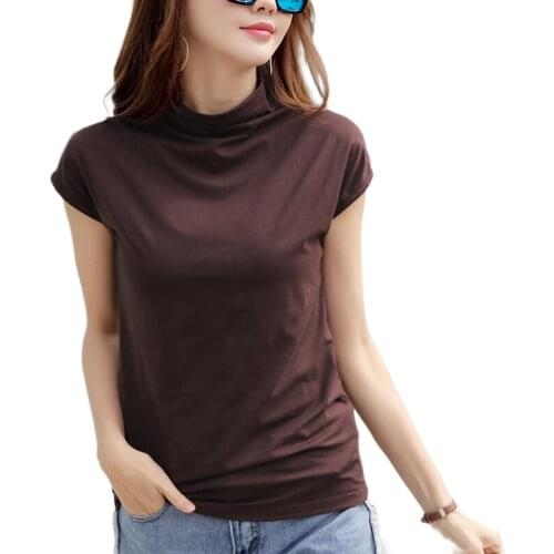 2021 Summer New Turtleneck Cotton Women T-Shirts Solid Slim Sexy Office Lady Elegant Top Tees Thin Fashion Outwear Tops