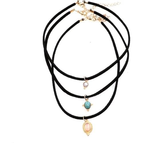 3 pcs Vintage Charm Cabochon Pendant Velvet Cord Necklace Jewelry