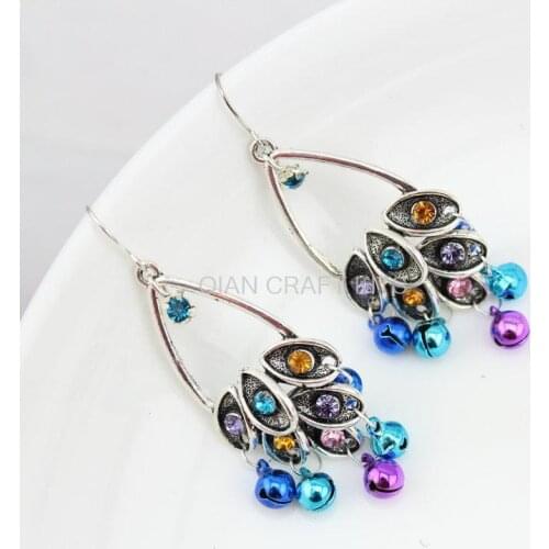 4 pairs dangle handmade tatted beaded antique silver vintage chandelier Earring w/shiny rhinestone drop-CP0027