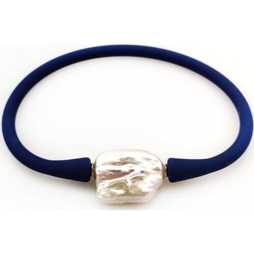 8 inches 10-16mm One AA Natural Pink Baroque Pearl Blue Elastic Rubber Silicone Bracelet
