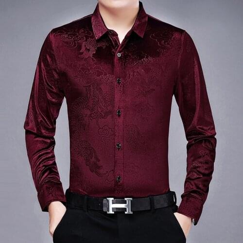 Claret Mens Thermal Velvet Shirts Dragon Black Dress For Stout Burgundy Winter Shirts Warm Blouse Red Velour Flannel Clothes Big