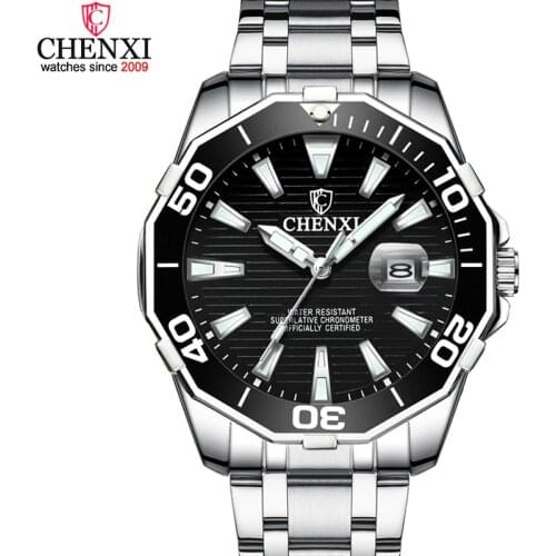 Luxury CHENXI Business Men Watch Silver Stainless Steel Black Casual Watch for Men Big Dial Waterproof Fashion Dress Wristwatch