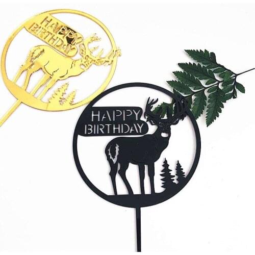 Baby Shower Elk Acrylic Happy Birthday Cake Topper Gold Black Birthday Cupcake Topper for Baby Birthday Party Cake Decorations